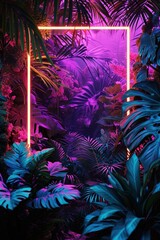 bright neon frame with tropical plants, leaves and flowers