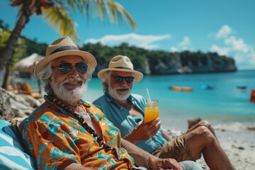 Happy retirees in colorful attire unwind on a sunny beach, enjoying drinks with a view. - obrazy, fototapety, plakaty