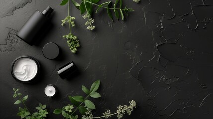 Cosmetic products, black and white packaging, minimalist, dark slate background, few plants....