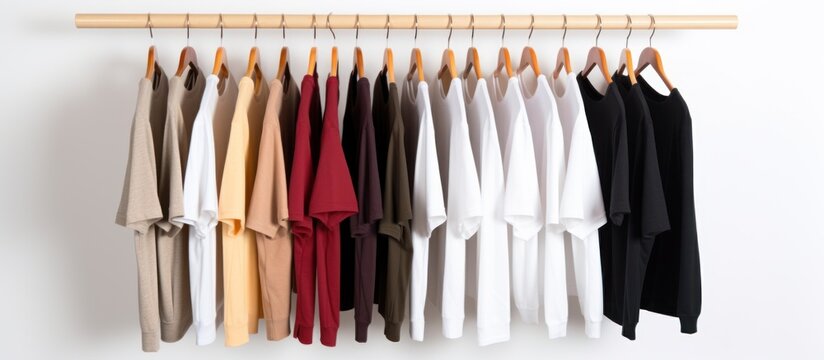 Arrangement of t-shirts on a hanger on a white background