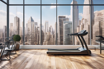 Cityscape view from a modern fitness room with large windows.
