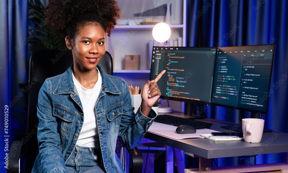 Poster young african wearing jeans shirt, it developer presenting program on computer screens displaying co