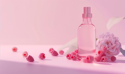 Obraz na płótnie Canvas The bottle of cosmetics high. Light pink gradient colour background with raspberries. Generated by artificial intelligence.
