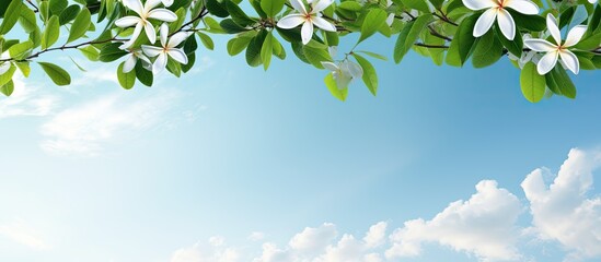Obraz premium A high view of a Frangipani tree against a blue sky, with white flowers and fresh green leaves creating a nature half frame.