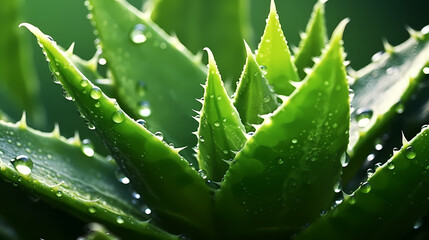 Green aloe vera leaf with dew drops background