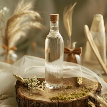 A product photo of a 0.7-liter bottle. The bottle design is transparent, smooth glass with a cuboid shape. Next to the bottle, there are two smooth gold wedding rings, a wheat ear and moss. Generated 