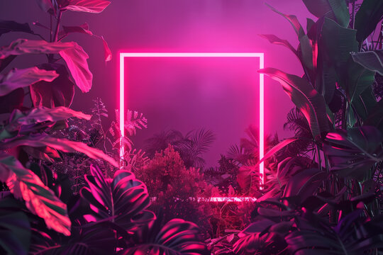 Pink neon frame background with empty space inside, among tropical jungle foliage