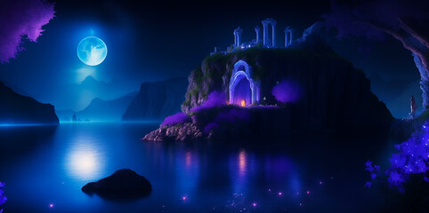 Fantastic Landscape, fairy tale castle at night, dreamlike paradise under full moon, mysterious islands and sea, wall art for home decor, artistic wallpaper