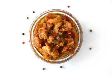 Caponata (Sicilian capunata) is a traditional Sicilian dish, a type of vegetable stew made from eggplants stewed with other vegetables: onions, tomatoes, celery, with the addition of olives, capers.