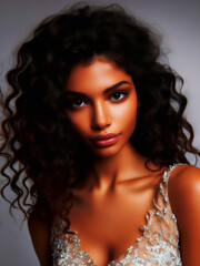 portrait of a young woman with black long curly hair, a beautiful girl model, gorgeous supermodel, tan skin, angel