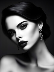 black and white portrait of a beautiful woman with eardrops, gorgeous lady supermodel, graceful model