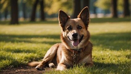 A well-groomed dog resting in a park in nature. A pet on a walk in the fresh air. A happy dog lying on the grass. Warm summer weather, rays of the sun.