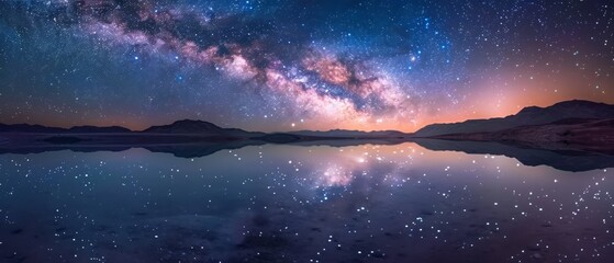 Space wallpaper. Serene scene of a tranquil lake reflecting the star-studded night sky above,...