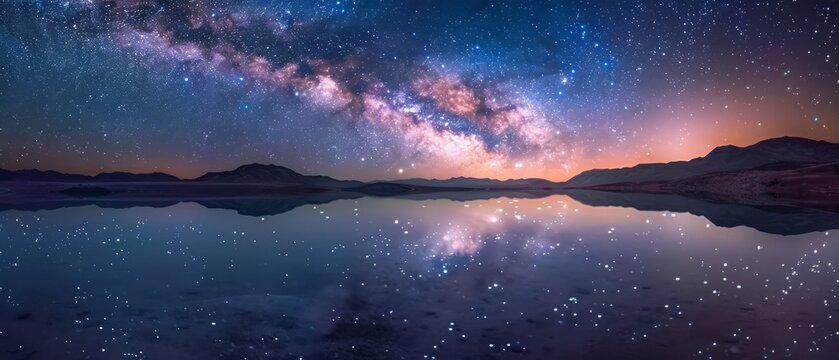 Space wallpaper. Serene scene of a tranquil lake reflecting the star-studded night sky above, capturing the timeless beauty of the cosmos mirrored in the still waters below