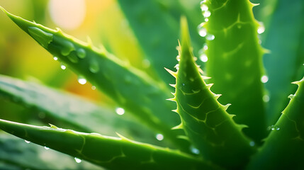 Green aloe vera leaf with dew drops background