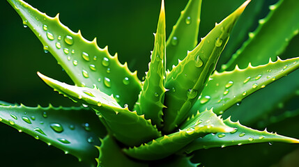 Green aloe vera leaf with dew drops background