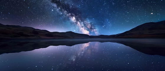 Papier Peint photo Lavable Réflexion Space wallpaper. Serene scene of a tranquil lake reflecting the star-studded night sky above, capturing the timeless beauty of the cosmos mirrored in the still waters below