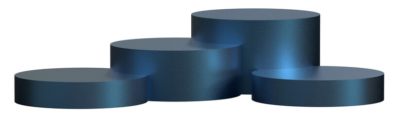 Four metallic blue podiums for product presentation isolated on transparent background