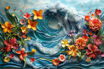 A painting depicting a wave with flowers on it, created through a creative collage of paper cutouts for Hawaii Day - obrazy, fototapety, plakaty