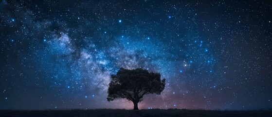 Space wallpaper. Silhouette of a lone tree against the backdrop of the night sky, with the majestic sweep of the Milky Way arching overhead, casting its ethereal light upon the landscape