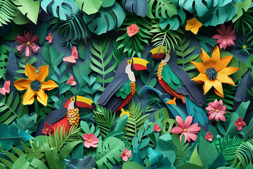 Assorted paper flowers and birds intricately arranged and attached to a wall, creating a colorful and decorative display or international day for biological diversity 