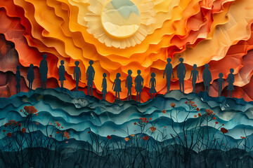 A painting depicting a group of people standing together in front of a vibrant sunset, for the international day of families - Powered by Adobe