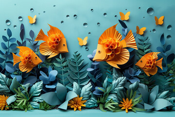 Fototapeta na wymiar A creative collage featuring a group of paper fish sitting on top of leaves, international day for biological diversity 