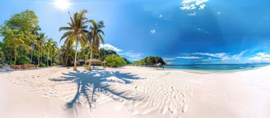 Fototapeta na wymiar white sand and coco palms travel tourism wide panorama background