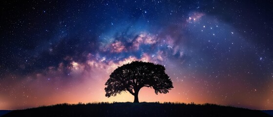 Space wallpaper. Silhouette of a lone tree against the backdrop of the night sky, with the majestic sweep of the Milky Way arching overhead, casting its ethereal light upon the landscape - obrazy, fototapety, plakaty
