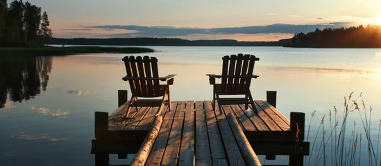  wooden chairs on a wooden pier on the blue water of a lake © gacor
