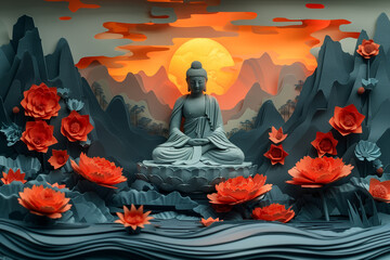 A painting showing a Buddha statue surrounded by various colorful flowers, creating a serene and harmonious scene, wesak or vesak day