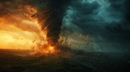 A powerful tornado spiraling across an open field. - obrazy, fototapety, plakaty