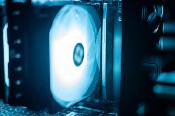 Detail of the interior of the PC gamer case. Motherboard, CPU tower cooling, memory, graphic card...
