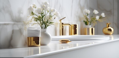 a white marble and gold bathroom with some flowers and potted plants