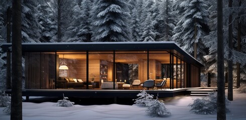 a wooden cabin on the snow covered woods
