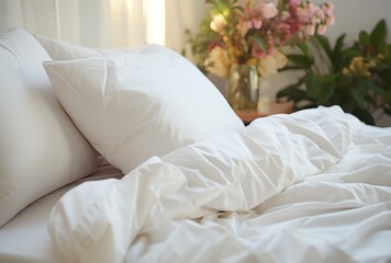 a white bed set with white sheets and pillows