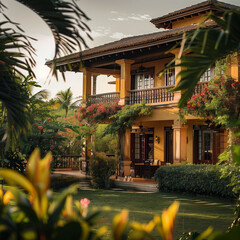 Fototapeta premium Luxurious Tropical Villa at Sunset with Lush Greenery