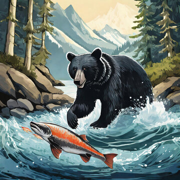 Black Bear Catching Salmon Swimming In A Stream, Illustration.