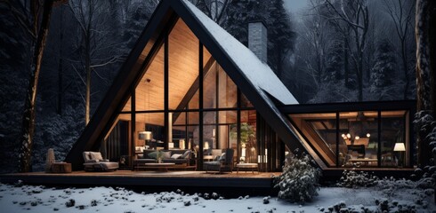a wooden cabin on the snow covered woods