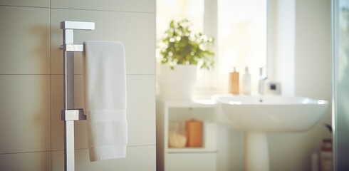 a towel stand showing a white towel inside a bathroom