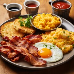 English breakfast featuring crispy hash browns, fluffy scrambled eggs, and grilled bacon