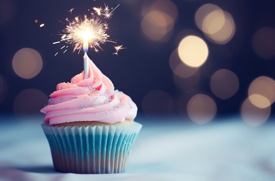 a pink cupcake with a candle in front of sparklers