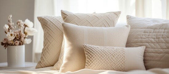 A luxurious bed topped with an array of soft beige pillows, exuding warmth and comfort in a cozy bedroom setting.