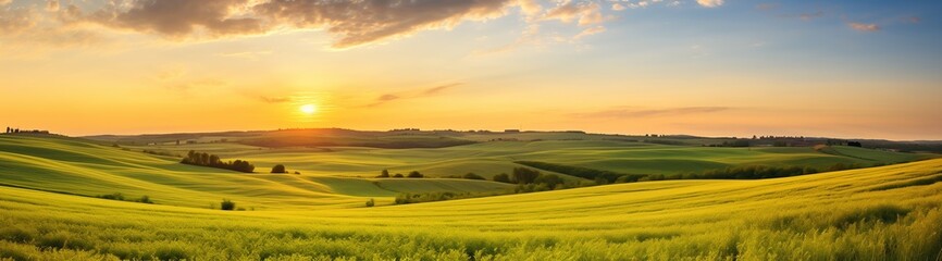 Panorama of idyllic rural landscape sunset. Horizontal banner,  header for website