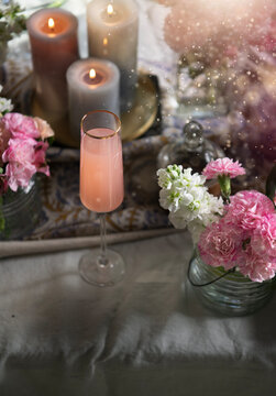 Mimosa Pink, flowers and candles 