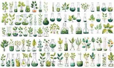 Fototapeta na wymiar Various plants in flasks illustration isolated set. Mega pack. Laboratory glassware with sprouts on white background. Biotechnology chemical medicine concept. Biology lab of environmental study.