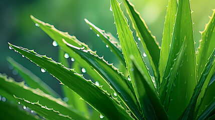 Fototapeta premium Green aloe vera leaf with dew drops background