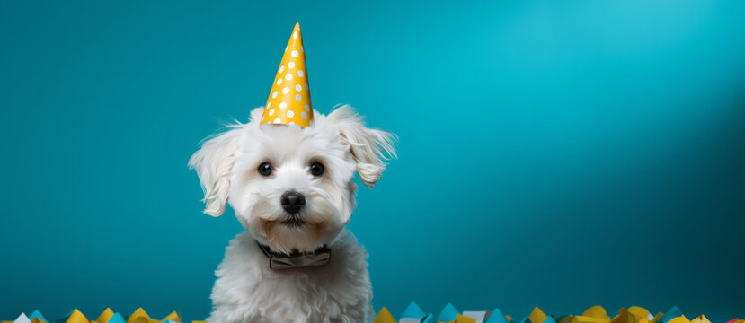 a white dog in a party hat