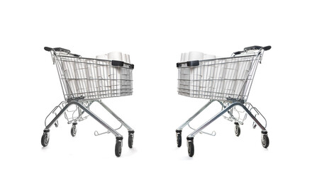 Collection of shoping carts filled with toilet paper, hamster purchase. On white background - 749013920