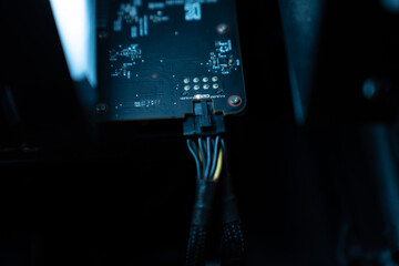 Detail of the interior of the PC gamer case. Motherboard, CPU tower cooling, memory, graphic card...